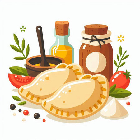 Illustration of dumplings with vegetables and spices. Vector illustrationのイラスト素材