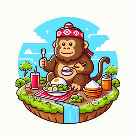Monkey with a plate of food in his hand. Vector illustration.のイラスト素材