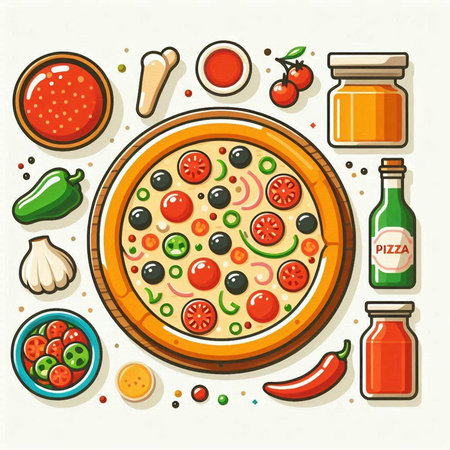 Pizza and ingredients. Vector illustration in flat style. Food background.のイラスト素材