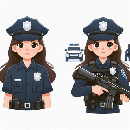 police woman with gun and police car in white background, vector illustrationのイラスト素材