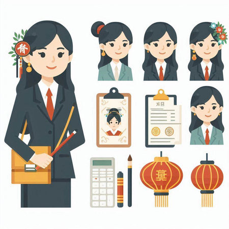Japanese woman in a school uniform with various poses. Vector illustration.のイラスト素材
