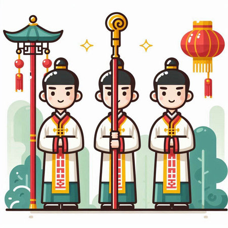 Chinese New Year. Chinese characters in traditional clothes. Vector illustration.のイラスト素材
