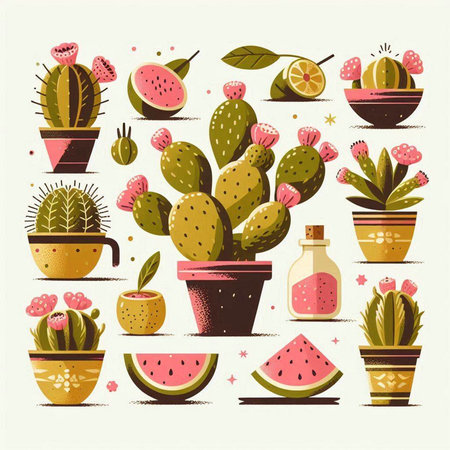 Cactuses and succulents in pots. Vector illustration.のイラスト素材