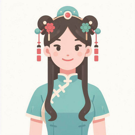Korean girl in traditional costume. Vector illustration in cartoon style.のイラスト素材