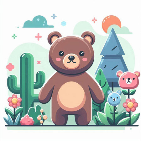 Cute cartoon bear in the forest. Vector illustration for children.のイラスト素材