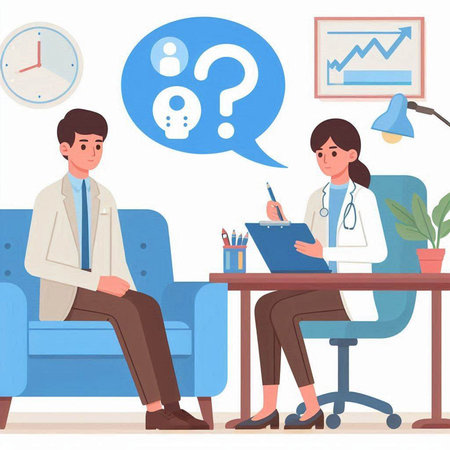 Male and female doctors sitting on sofa and talking with each other. Flat vector illustration.のイラスト素材