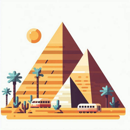 Egyptian pyramids, pyramids and train. Vector illustration.のイラスト素材
