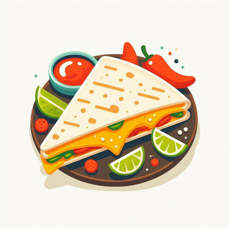 Tasty mexican quesadilla sandwich with cheese, ham, tomato, onion, chili pepper and guacamole. Vector illustrationのイラスト素材