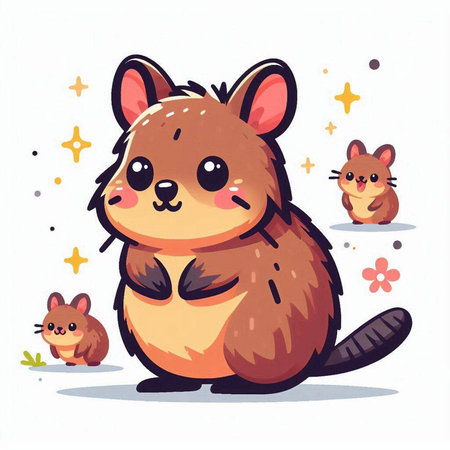 Cute cartoon baby beaver with little rat. Vector illustration.のイラスト素材
