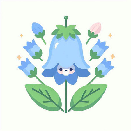 Cute cartoon blue flower with flowers and leaves. Vector illustration.のイラスト素材