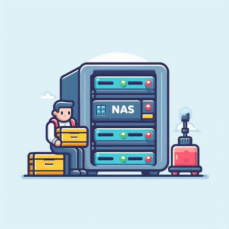 Man with laptop sitting in server room. Vector illustration in cartoon styleのイラスト素材