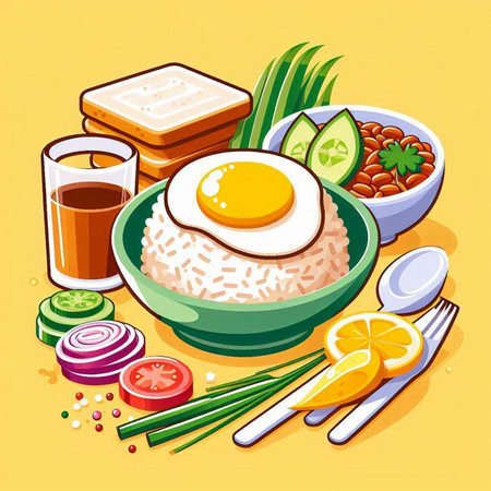 Illustration of healthy breakfast with rice, eggs and vegetables. Vector illustration.のイラスト素材