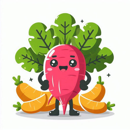 Cartoon radish character. Vegetable vector illustration in flat styleのイラスト素材