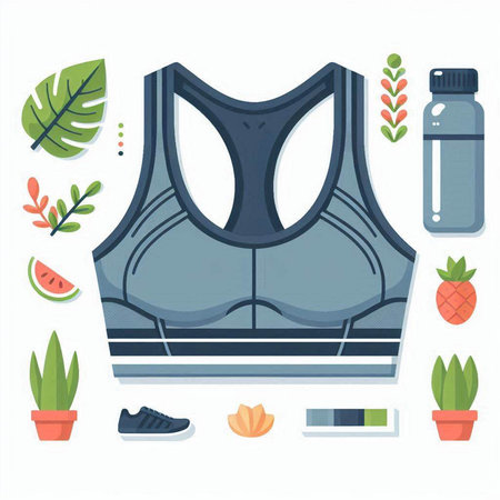 Vector illustration of a sport bra, sneakers, water bottle and tropical leaves.のイラスト素材