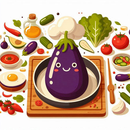 Illustration of eggplant with vegetables on the table. Vector illustration.のイラスト素材