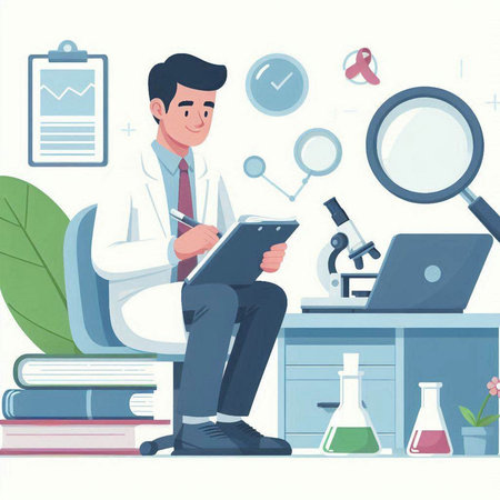 Vector illustration of a doctor writing on a clipboard while sitting on a chair in the officeのイラスト素材