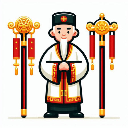 Korean priest in traditional costume with korean flag. Vector illustration.のイラスト素材