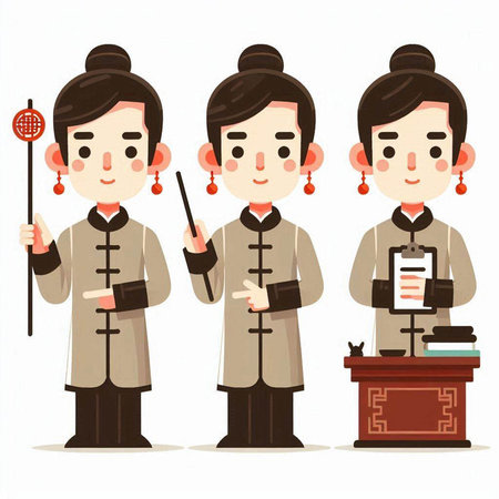 Korean male and female royal guard in traditional clothes, vector illustration.のイラスト素材