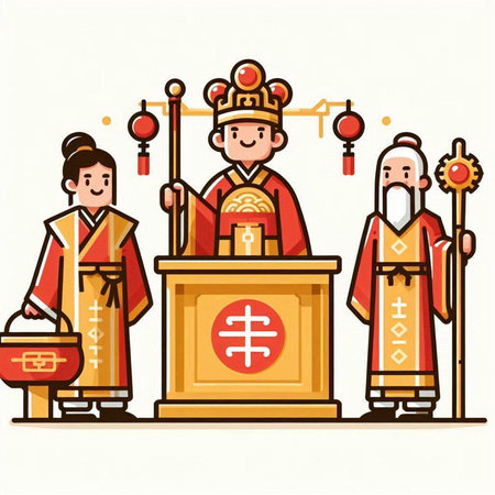 Vector illustration of the Chinese New Year. Three wise men and women in traditional clothes.のイラスト素材
