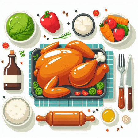 Vector illustration of roasted chicken with vegetables and sauce on white background.のイラスト素材