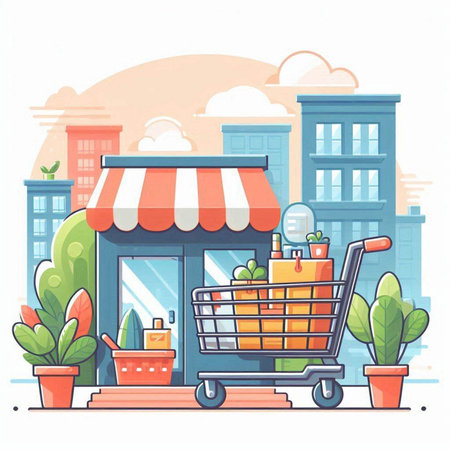 Shopping cart with food and products on the street. Vector illustrationのイラスト素材