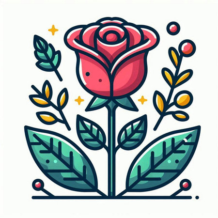 Flower icon, vector illustration. Floral design element with rose, leaves and stars.のイラスト素材