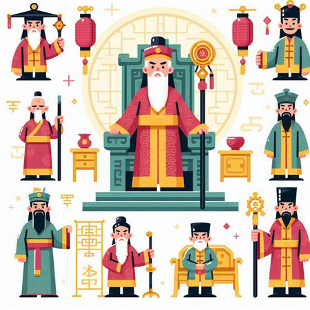Set of chinese gods. Vector illustration in flat cartoon style.のイラスト素材