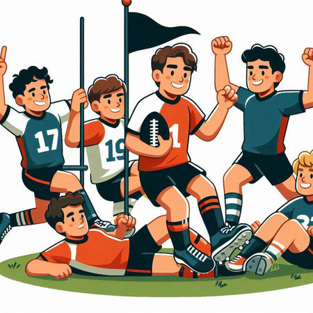 Rugby player with ball and players. Vector cartoon illustration.のイラスト素材