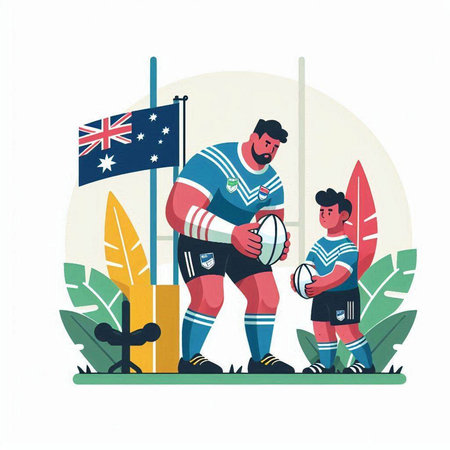 Illustration of a group of rugby players with their national flags in the backgroundのイラスト素材