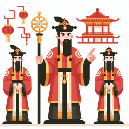Chinese New Year cartoon characters set. Vector illustration of Chinese characters in traditional costume.のイラスト素材