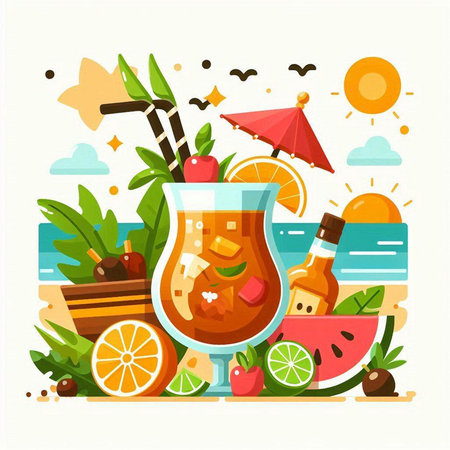 Cocktail with rum, ice, lemon, watermelon, orange and cinnamon. Vector illustrationのイラスト素材