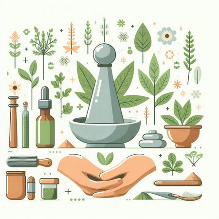 Herbal medicine and health care. Vector illustration in flat style.のイラスト素材