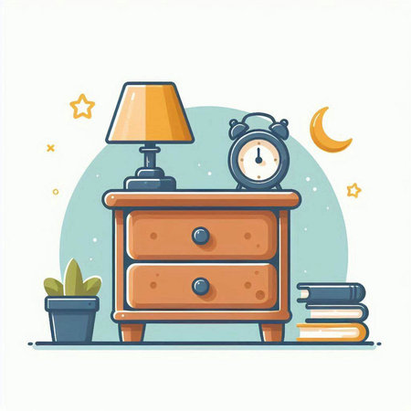 Bedside table with lamp, books and alarm clock. Flat vector illustration.のイラスト素材