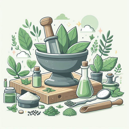Spa set with essential oil, herbs and spices. Vector illustrationのイラスト素材