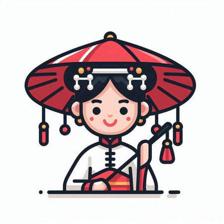 Illustration of a Chinese girl in traditional costume holding a magic wandのイラスト素材
