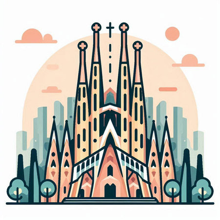 Vector illustration of catholic church in flat line style. Religious architecture.のイラスト素材