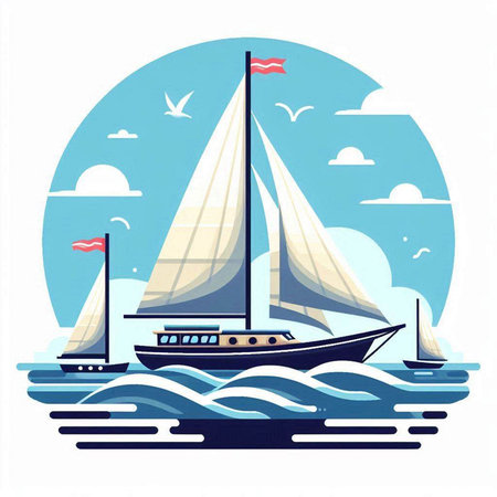 Sailing boat on the sea. Vector illustration in flat style.のイラスト素材
