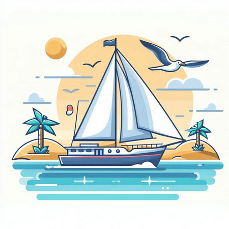 Sailing yacht on the sea. Vector illustration in flat style.のイラスト素材