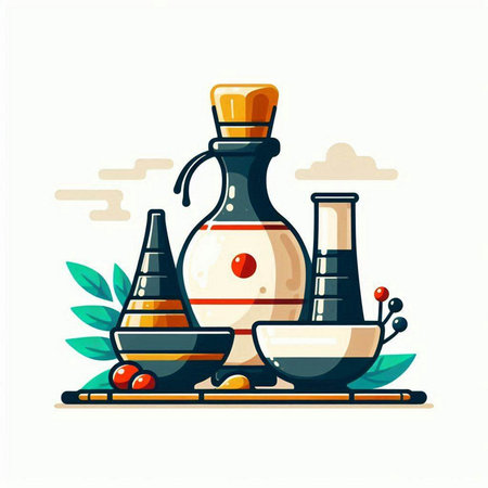 Japanese cuisine vector illustration. Traditional oriental dishes with soy sauce, sake and sake.のイラスト素材