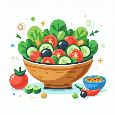 Vegetable salad in a bowl. Vector illustration in flat cartoon style.のイラスト素材