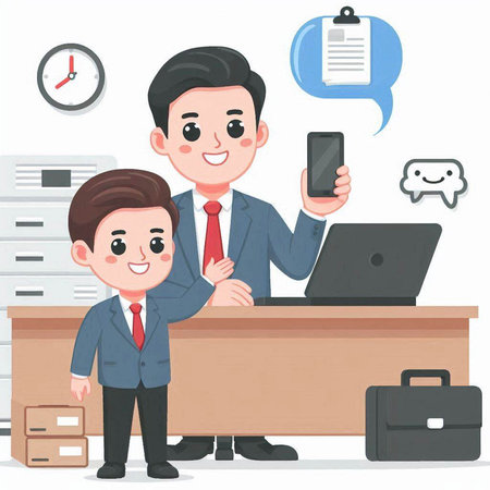 Businessman and his son in office. Vector illustration in cartoon style.のイラスト素材