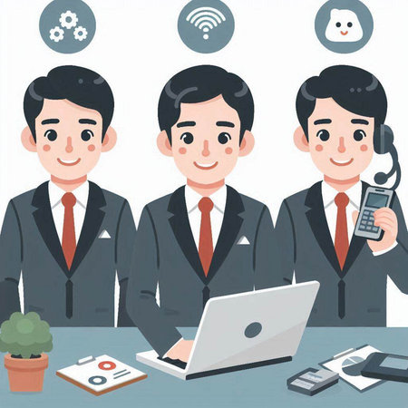 Vector illustration of a businessman working at office with laptop and phone.のイラスト素材