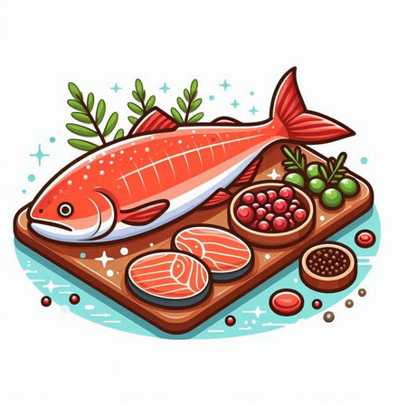 Illustration of fresh fish on a cutting board. Vector illustration.のイラスト素材