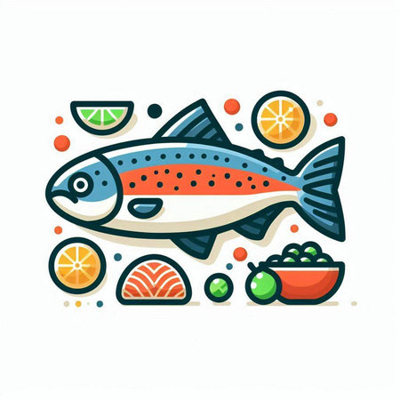 Fish icon with fruits and vegetables. Vector illustration in flat style.のイラスト素材