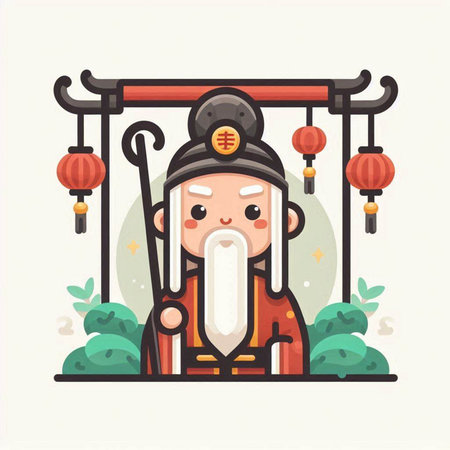 Chinese new year vector illustration. Cute chinese man in traditional costume with lanterns.のイラスト素材