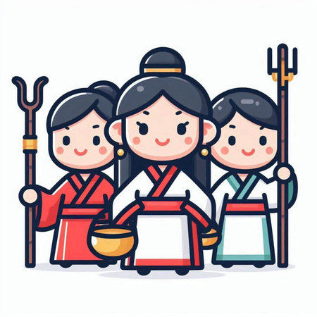 Korean people wearing traditional clothes and cooking in kitchen. Vector illustration.のイラスト素材
