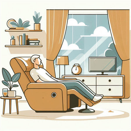 Man relaxing in armchair in living room at home. Vector illustrationのイラスト素材