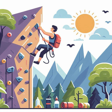 Climbing extreme sport. Young man climbing on artificial rock wall in forest flat vector illustrationのイラスト素材