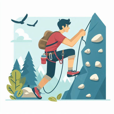 Young man climbing on a rock in the mountains. Flat vector illustration.のイラスト素材