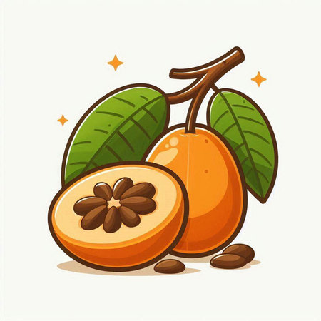 Vector illustration of whole and half loquat with green leaves.のイラスト素材